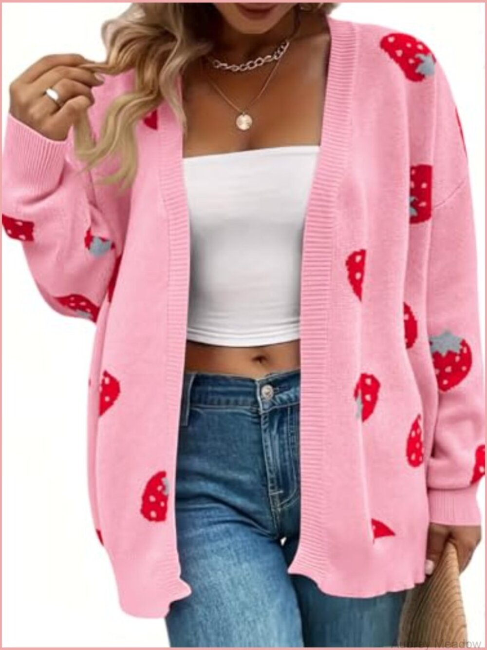 NWOT Pink Strawberry Print Open Cardigan Sweater - Picture 2 of 5